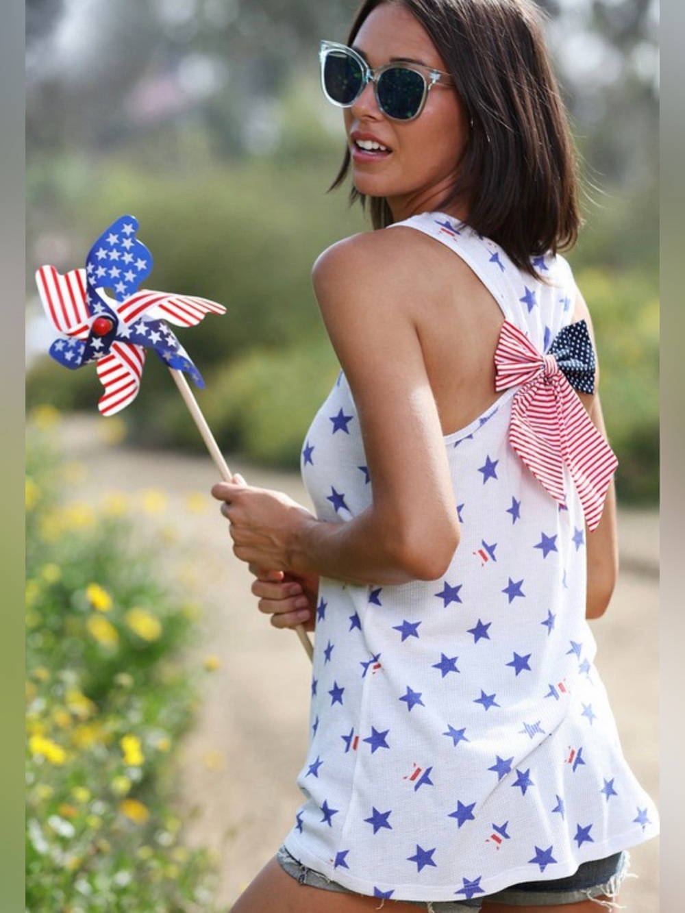 Patriotic Star Print Tank Top with Back Bow